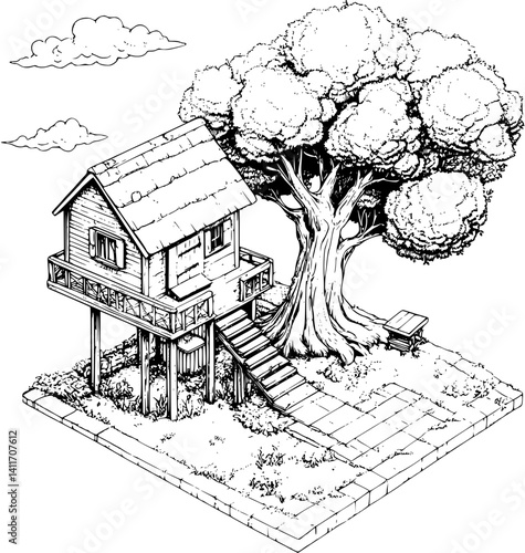 Tree house coloring book isometric view, Tree house vector image