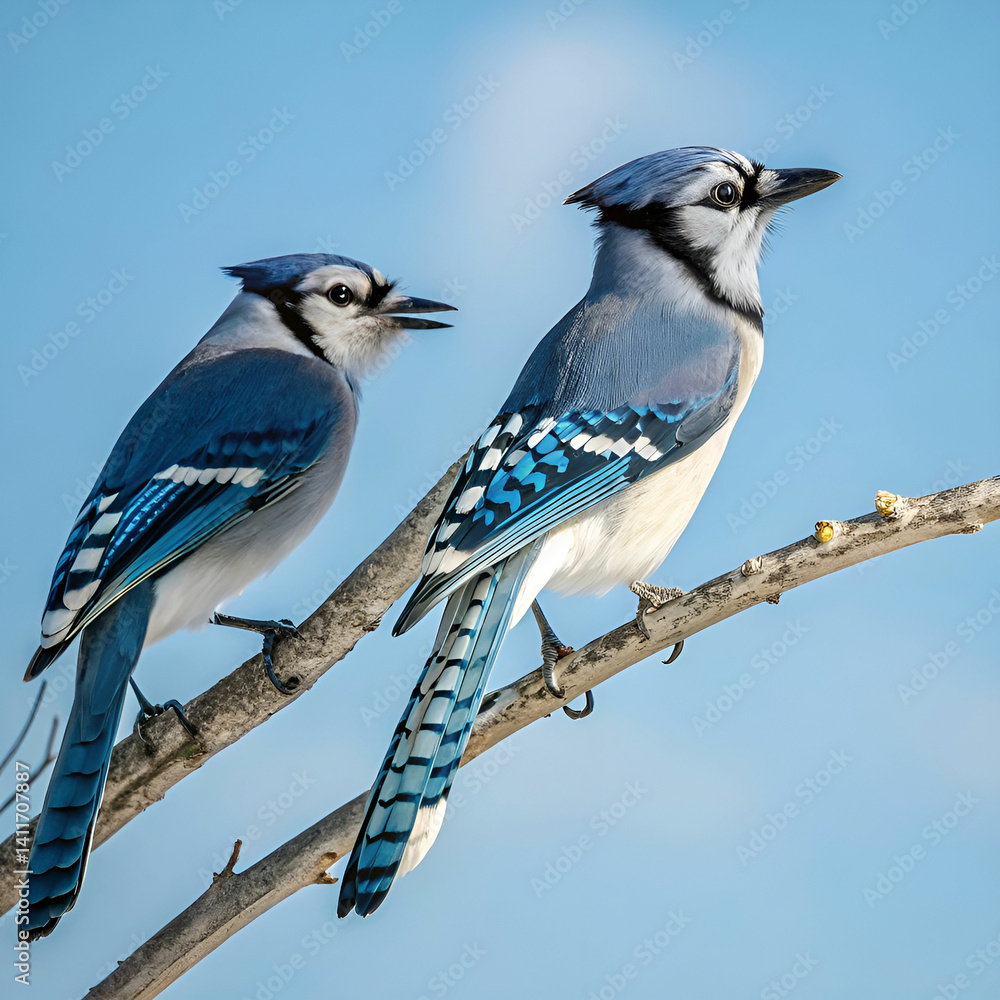 Obraz premium Blue jays, ultra-realistic image of two blue jays perched on branches, displaying their vivid blue feathers and striking patterns against a natural backdrop of greenery and soft sunlight.