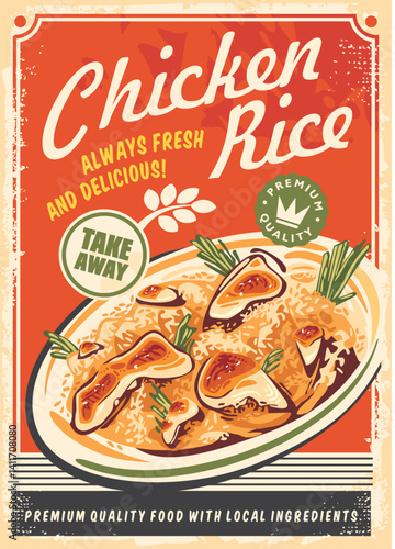 Chicken rice retro restaurant menu poster with tasty food. Vector advertisement with roasted chicken meat and spicy risotto in soy sauce.