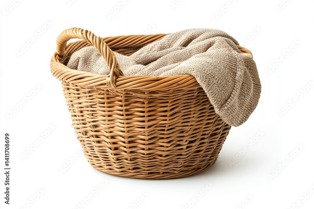 Obraz premium Wicker basket with towel isolated on white background