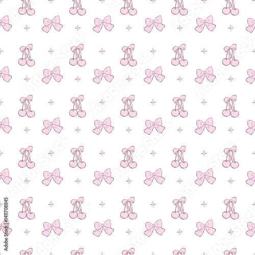 Coquette seamless pattern vintage pink cherries with ribbon bow
