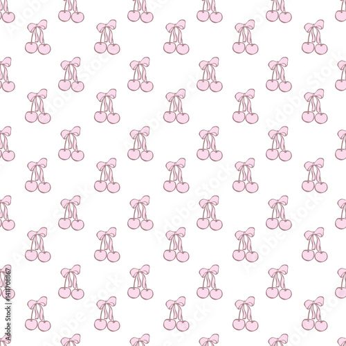 Coquette seamless pattern vintage pink cherries with ribbon bow