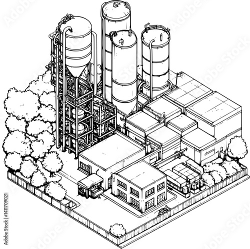 Isometric view of Brewery coloring book style, Brewery vector illustration