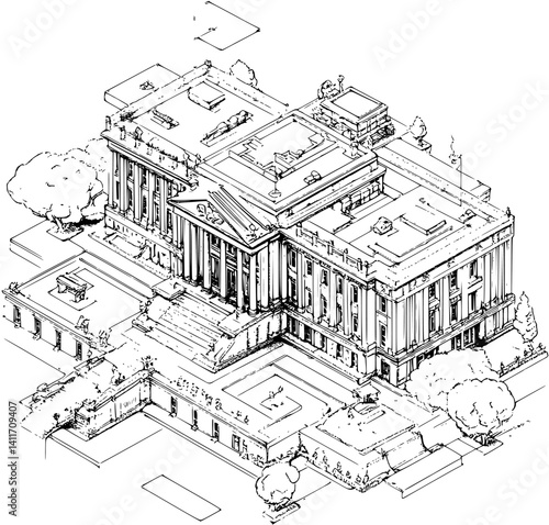 Isometric view of Embassy coloring book style, Embassy vector illustration