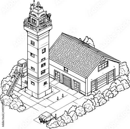 Fire station coloring book isometric view, Fire station vector illustration