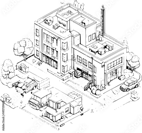 Hospital coloring book isometric view, Hospital vector illustration