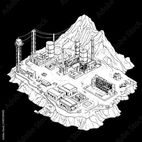 Isometric view of Mining facility coloring book style, Mining facility vector illustration