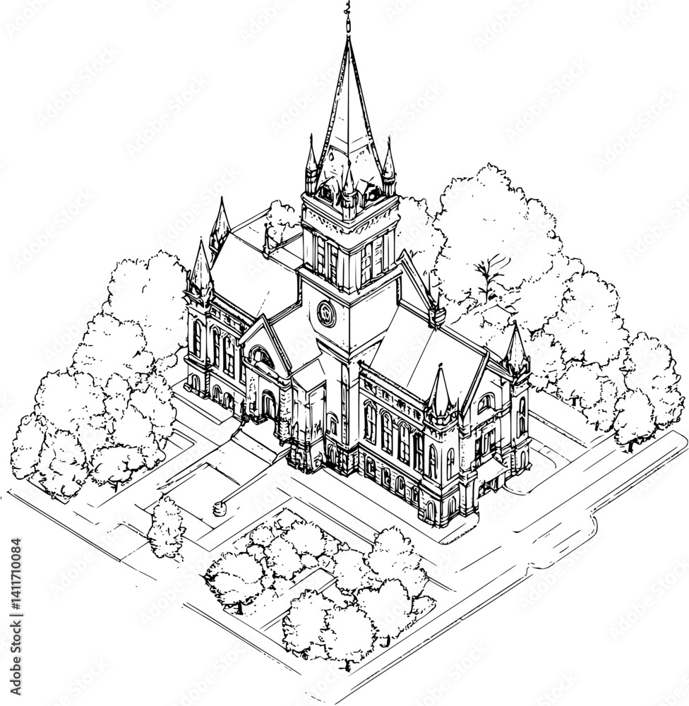 Obraz premium Town hall coloring book isometric view, Town hall vector illustration