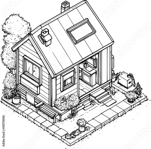 Tiny house coloring book isometric view, Tiny house vector illustration