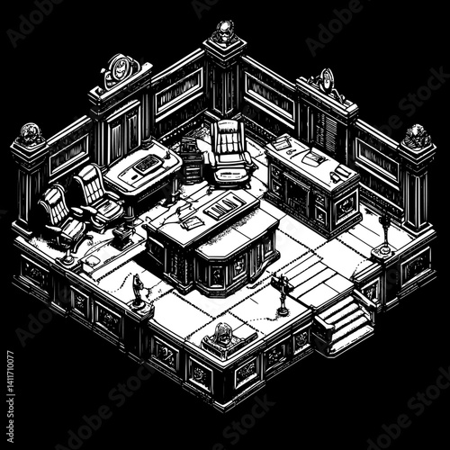 Isometric view of Tribunal coloring book style, Tribunal vector illustration