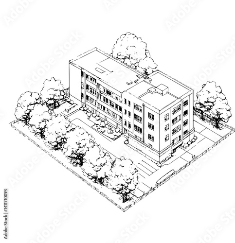 Vocational school coloring book isometric view, Vocational school vector illustration