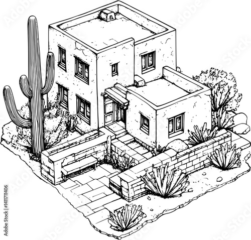 Adobe dwelling coloring book isometric view, Adobe dwelling illustration art