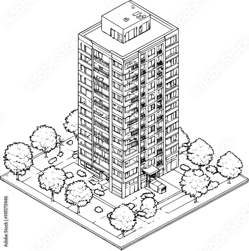 Apartment complex coloring book isometric view, Apartment complex illustration art