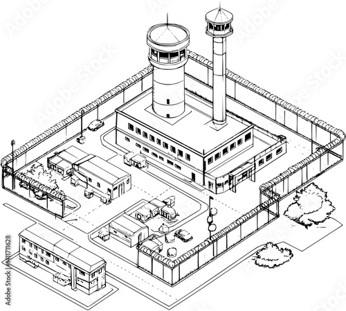 Detention center coloring book isometric view, Detention center illustration art