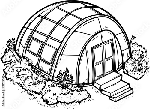 Earthship coloring book isometric view, Earthship illustration art
