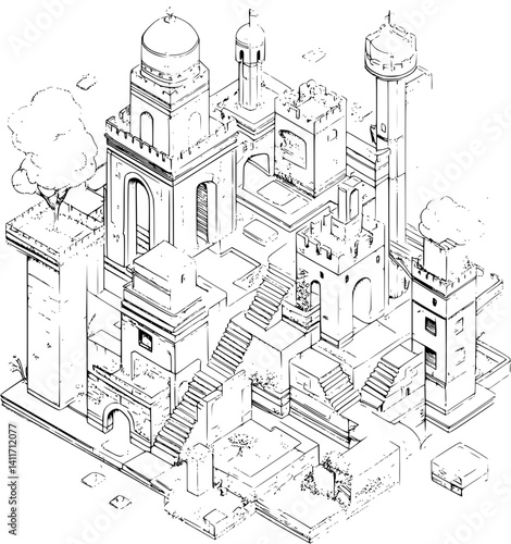 Isometric view of Foundry coloring book style, Foundry illustration art