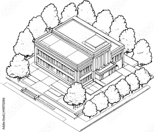 Isometric view of Exhibition center coloring book style, Exhibition center illustration art