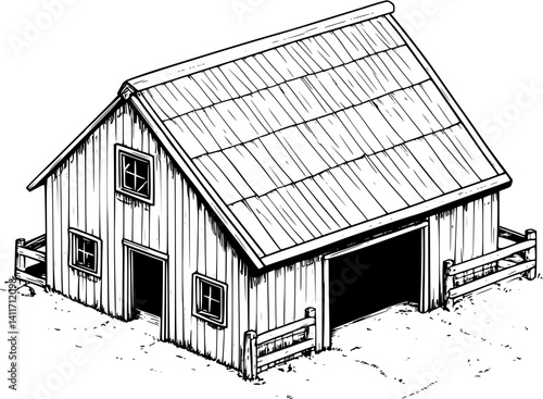 Isometric view of Farm shed coloring book style, Farm shed illustration art