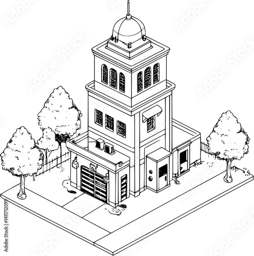 Fire station coloring book isometric view, Fire station illustration art