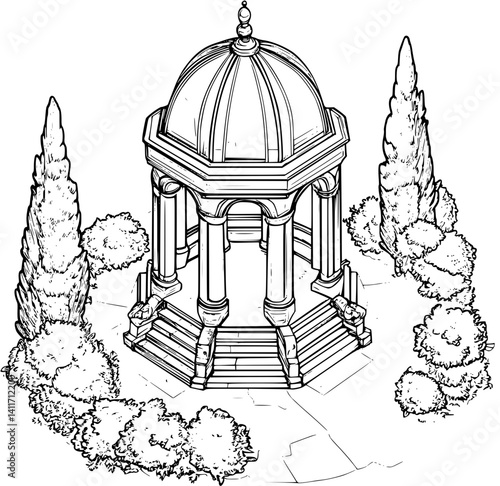 Park Pavillion coloring book isometric view, Park Pavillion illustration art
