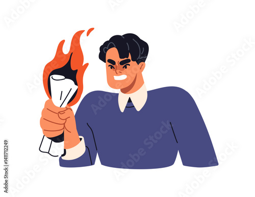 Angry business man squeezing paper document. Furious bad-tempered employee irritated with bureaucracy. Office worker in anger, annoyance. Flat vector illustration isolated on white background