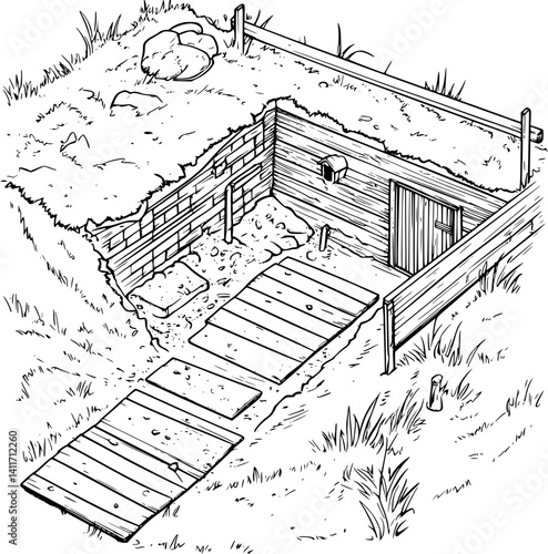 Root cellar coloring book isometric view, Root cellar illustration art