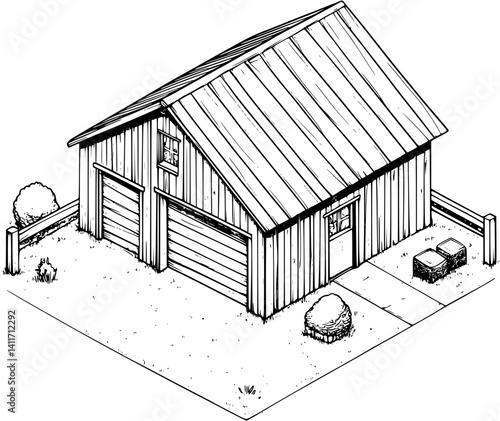 Isometric view of Shed coloring book style, Shed illustration art