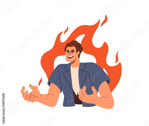 Angry irritated man. Rage, tantrum, bad temper. Furious annoyed outraged person in fire. Annoyance, irritation, anger emotion, expression. Flat vector illustration isolated on white background