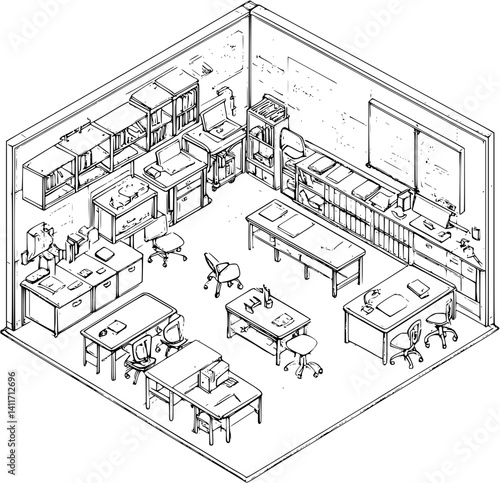 Vocational school coloring book isometric view, Vocational school illustration art