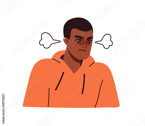 Irritated angry annoyed man. Anger, rage, emotional tension, irritation and hate. Mad person with annoyance, wrath emotion, ears steaming. Flat vector illustration isolated on white background