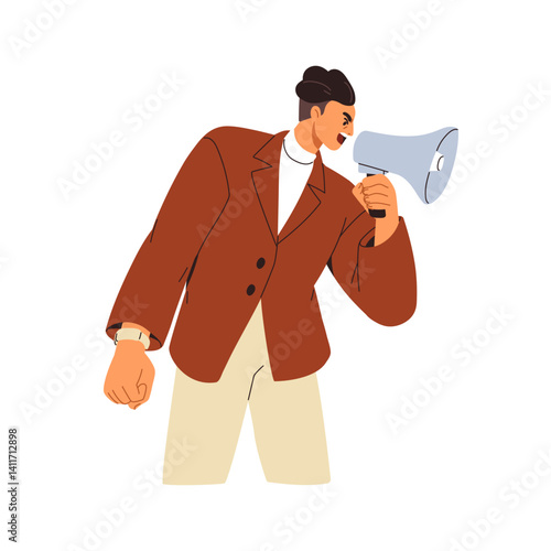 Angry irritated furious man shouting with megaphone. Aggressive person with bullhorn, screaming, threatening and ordering, announcing with anger. Flat vector illustration isolated on white background