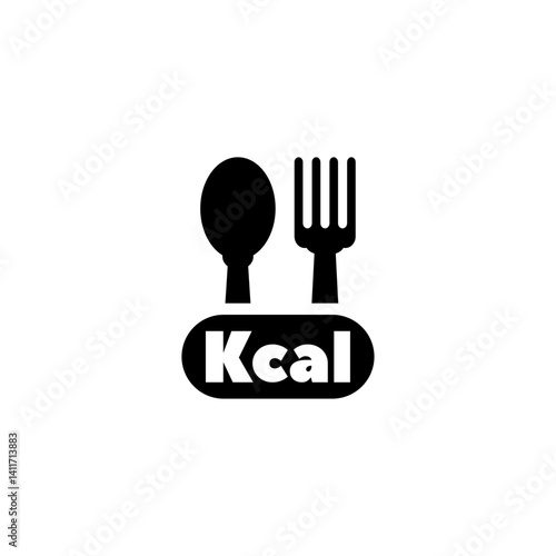 Simple black and white vector icon representing calorie counting with utensils and Kcal text