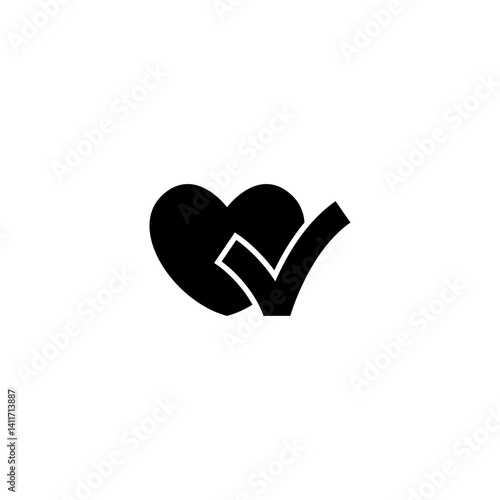 Simple black and white vector icon of a heart with a checkmark, representing health approval