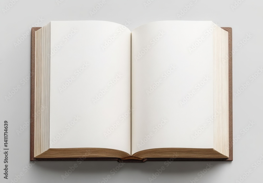 An open book displaying blank white pages set against a white background An open book displaying blank white pages set against a white background