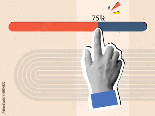 Black and white hand moves finger progress bar loading. Modern collage style. Vector illustration