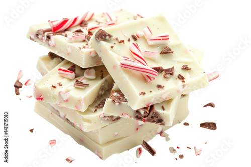 Delightful white chocolate bars adorned with crushed peppermint and chocolate chunks against a clean, bright backdrop isolated on transparent background