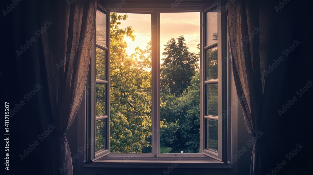 Fototapeta premium Sunset view through an open window.