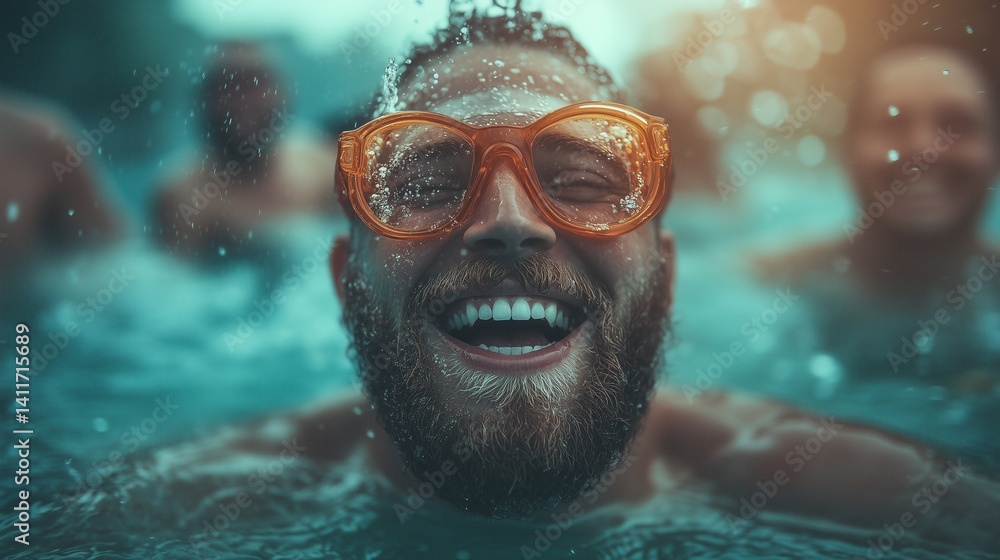 Fototapeta premium Joyful man smiling while swimming in a pool with friends during a sunny afternoon