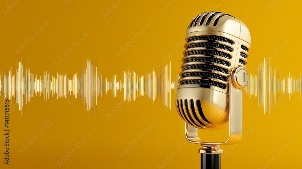 Shimmering gold condenser microphone with luminous audio waveform on bold yellow backdrop, perfect for modern podcast branding, music production, and professional voice‑over visuals