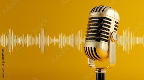 Obraz na płótnie Shimmering gold condenser microphone with luminous audio waveform on bold yellow backdrop, perfect for modern podcast branding, music production, and professional voice‑over visuals w salonie