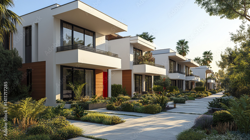 Modern housing development with white facades and lush greenery Modern housing development with white facades and lush greenery