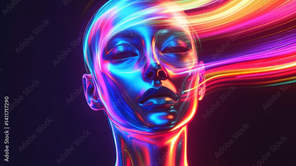 A digital artwork of a human head with vibrant, flowing neon lights A digital artwork of a human head with vibrant, flowing neon lights
