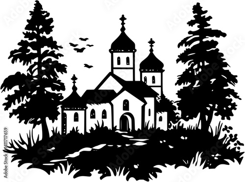 Monastery silhouette design, Monastery vector graphic