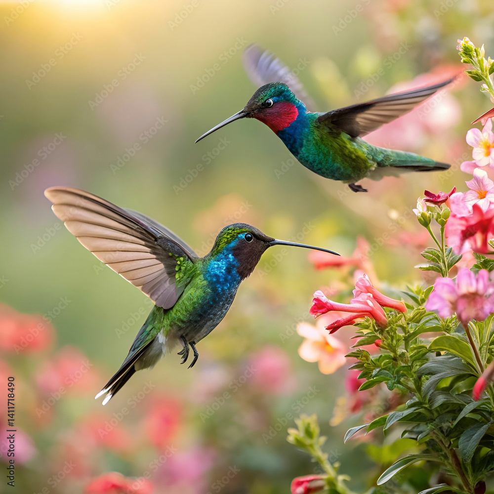 Obraz premium Hummingbirds, full-frame image of two hummingbirds in flight, captured mid-hover with iridescent feathers shimmering in the light, surrounded by vibrant flowers and lush greenery.