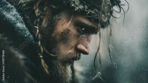 Viking Warrior with Long Hair and Beard Standing in Snowy Medieval Setting