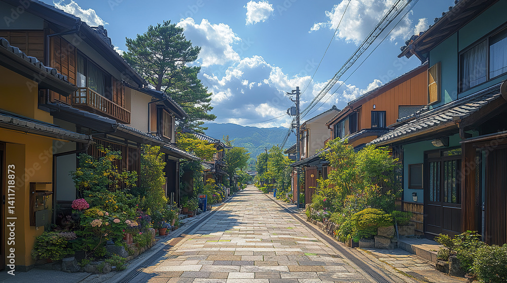serene residential street in Japan with traditional houses and lush greenery serene residential street in Japan with traditional houses and lush greenery