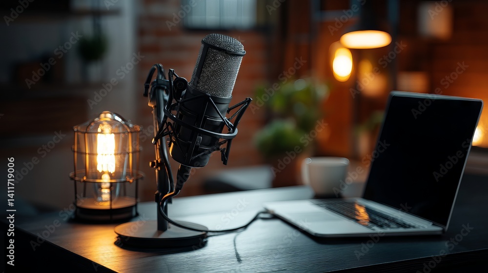 Close‑up of modern home podcast studio workspace with cardioid microphone, open laptop, and illuminated red “ON AIR” sign lamp on wooden desk under warm ambient lighting