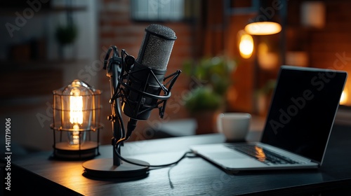 Obraz na płótnie Close‑up of modern home podcast studio workspace with cardioid microphone, open laptop, and illuminated red “ON AIR” sign lamp on wooden desk under warm ambient lighting w salonie