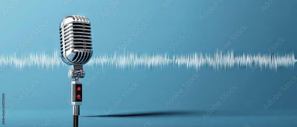 Dynamic podcast microphone with flowing audio waveform on vibrant blue background illustrating modern digital broadcasting and voice‑over production banner