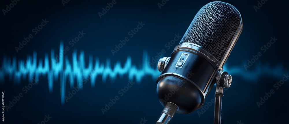Dynamic podcast microphone with flowing audio waveform on vibrant blue background illustrating modern digital broadcasting and voice‑over production banner